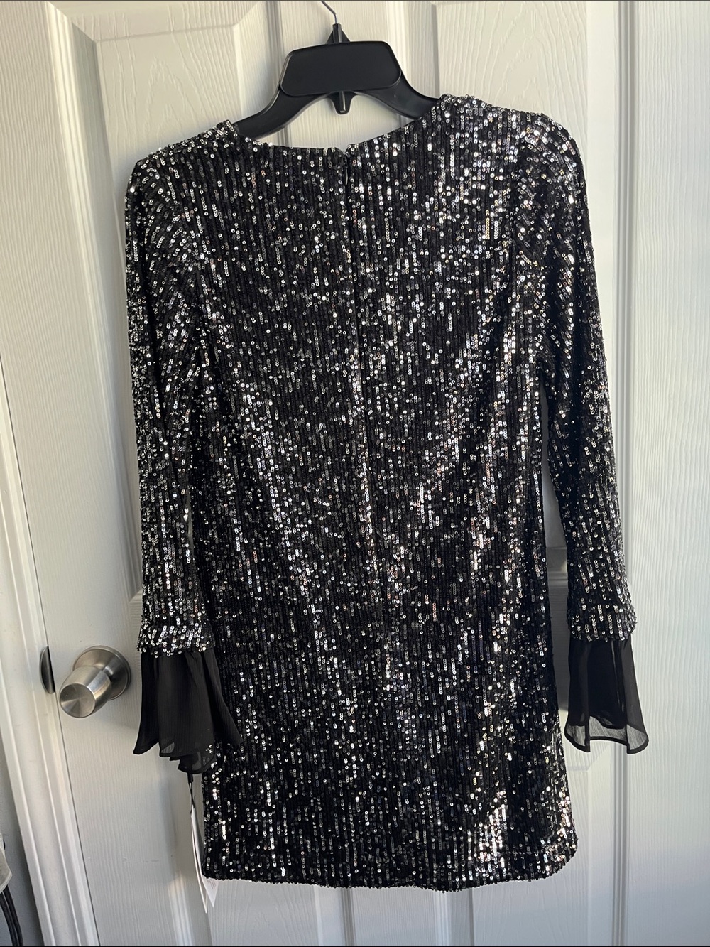 Calvin Klein Black Sequin V-Neck Mini Dress with Sheer Cuffs - Picture 4 of 10